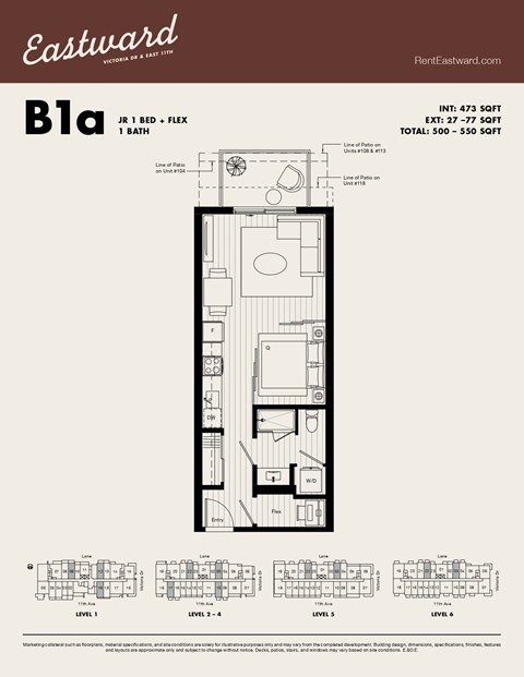 Floor plan for 1 bed, 1 bath, 473 sqft